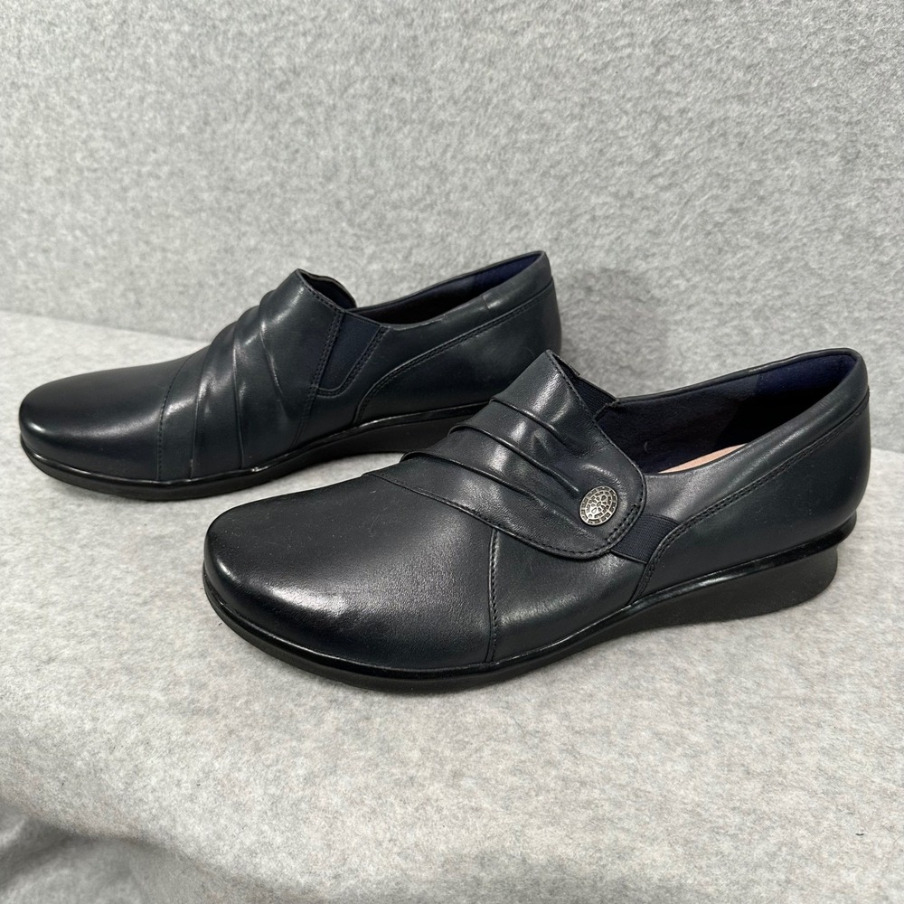 Clarks Collection Navy Leather Pleated Slip On Loafers Ultimate Comfort 9.5 M